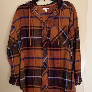 Maurices Plaid Hooded Button-Up Shirt - Rust & maroon. Small